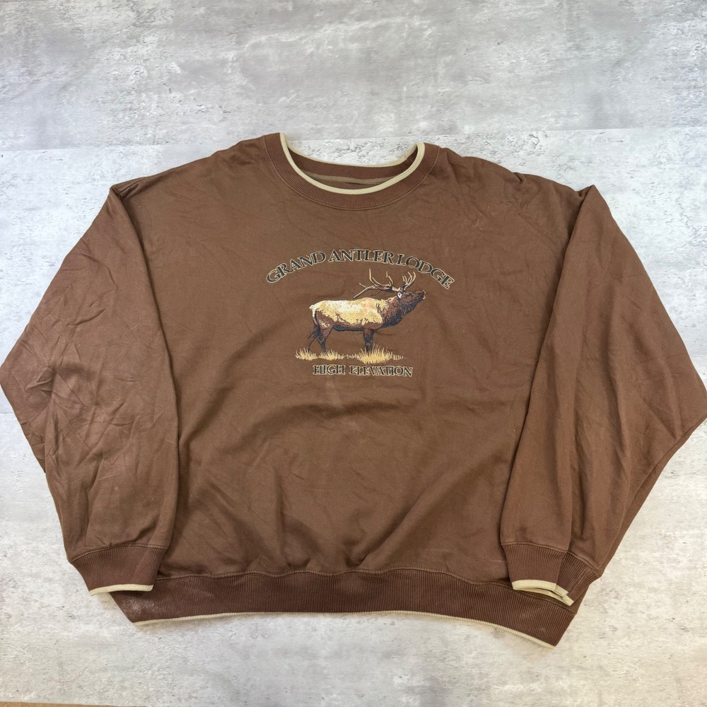 Grand Antler Lodge Elk Embroidered Brown Sweatshirt Mens 3XL Graphic Crewneck